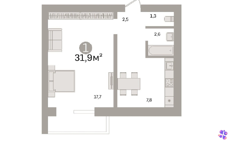 Однокомнатная квартира площадью 31,9 кв.м.