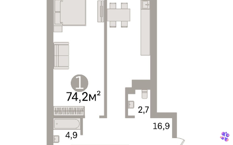 Однокомнатная квартира площадью 74,2 кв.м.
